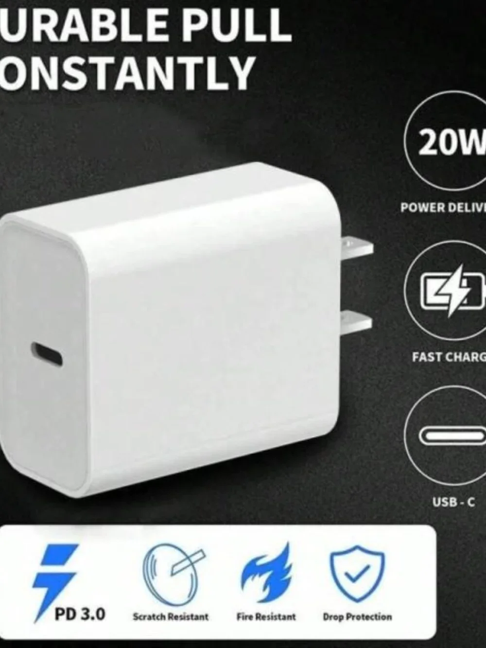 20W USB-C Fast Charger PD Wall Adapter + 3ft Cable for iPhone Samsung